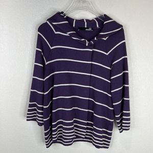 Love Moschino Cardigan‎ Sweater Size 8 Purple/White Stripe Wool Blend Snap Front